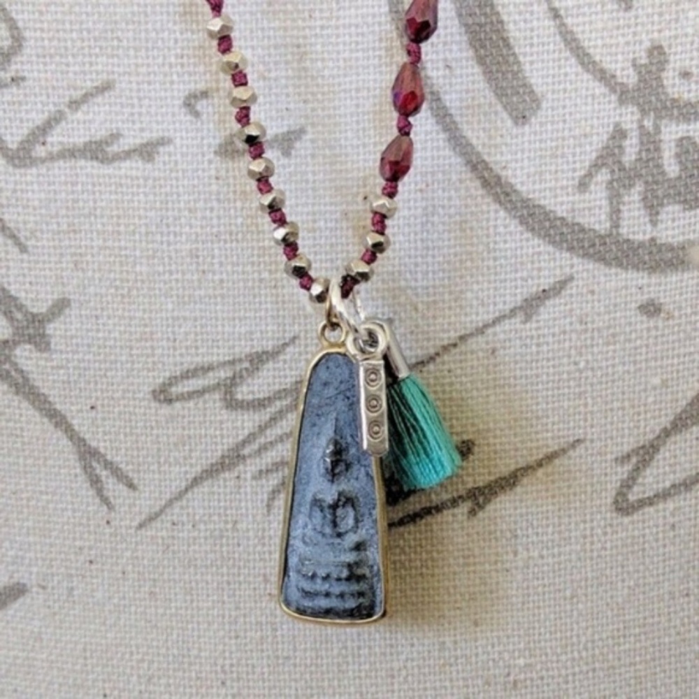 Sundance Catalog Long Beaded Garnet Red Buddha Amulet Pendant Necklace - Picture 2 of 3